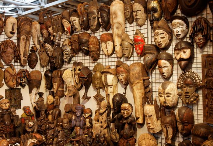 A detail from a display of African masks at the 2011 Foire de Paris.