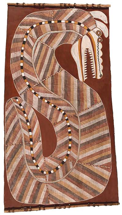 CURLY BARDKADUBBU (c.1924–1987) Ngalyod, the Rainbow Serpent, 1984 (earth pigments on Stringybark (Eucalyptus Tetrodonta) 