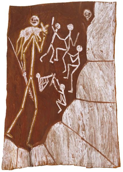 ANCHOR BARRBUWA WURRKIDJ (c.1924-1977) Mimi hunter and ceremony, 1961 (natural earth pigments on eucalyptus bark)