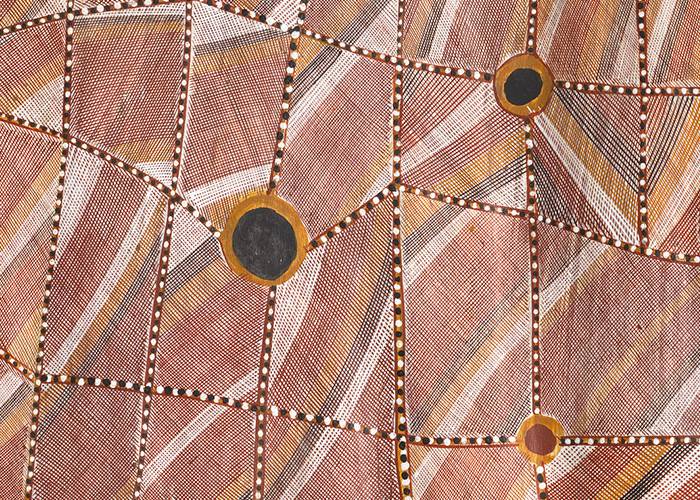 JOHN MAWURNDJUL (b.1951) Detail of 'rarrk' shading from 'Mardayin', 1998 (earth pigments on Stringybark (Eucalyptus Tetrodonta)