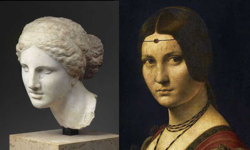 LEFT: Hellenistic Female Head, c.150 BC (marble) - RIGHT: 'La Belle Ferronière', 1490 (oil on panel) by Leonardo da Vinci