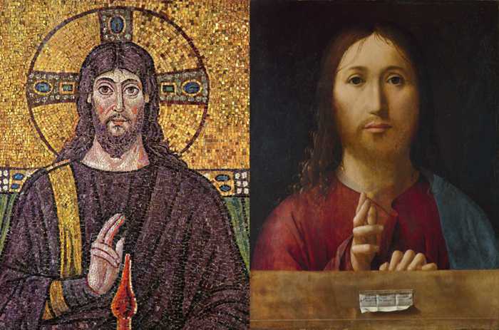 Christ Blessing. Left: Byzantine Mosaic (6th century) - Right: Antonello da Messina (1465), Oil on Panel