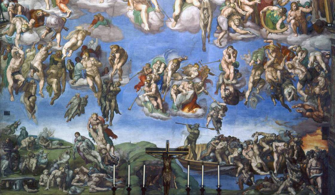 MICHELANGELO BUONARROTI (1475-1564) Detail of the 'seven angels' and the 'saved souls' from the 'Last Judgement', 1536-41 (fresco)