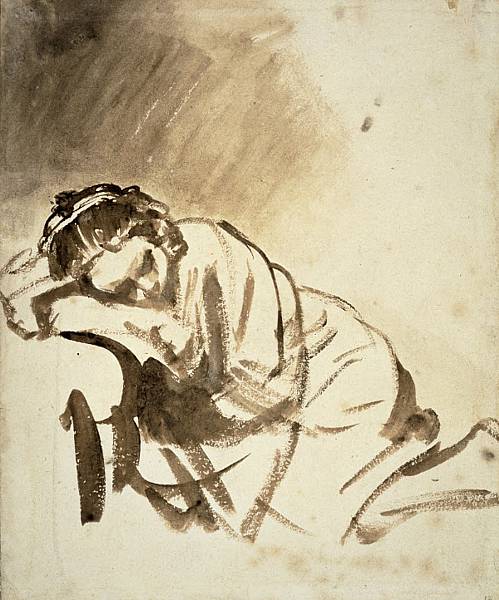 Rembrandt van Rijn (1606 -1669) 'Young Woman Sleeping' (Hendrickje Stoffels) 1654, brush drawing.