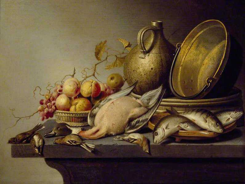 'Still Life of Game, Fish, Fruit and Kitchen Utensils', (oil on panel)