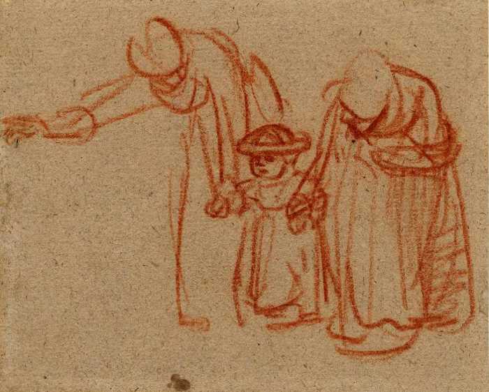 REMBRANDT VAN RIJN (1606-1669) 'Two women teaching a child to walk' c.1635-37, (Red chalk on paper)