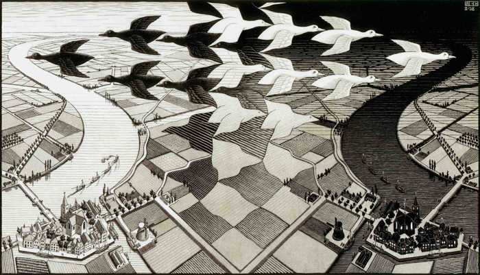 M.C. ESCHER (1898-1972) Day and Night, 1938 (woodcut)