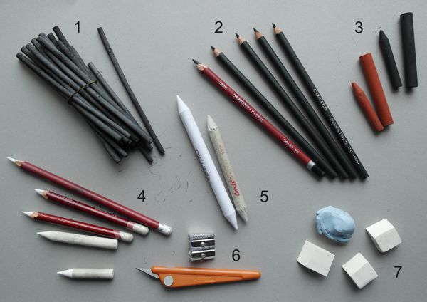 Materials for drawing with charcoal and chalk.
