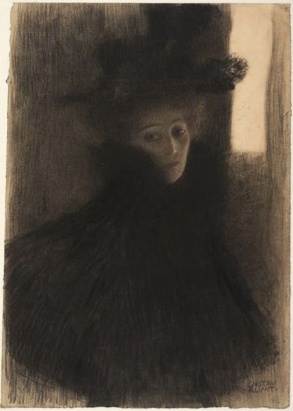 Charcoal Portrait Examples: Gustav Klimt (1862-1918) 'Drawing of a Woman with Cape and Hat', 1897-1898. Charcoal and chalk.